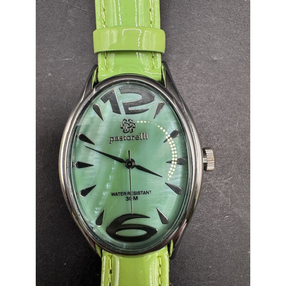 Pastorelli Womens Wrist Watch Green MOP Dial Oval Green Leather Band 29mm